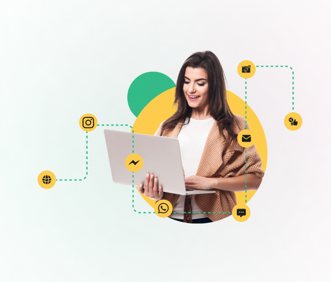 Woman using laptop with social media and communication icons